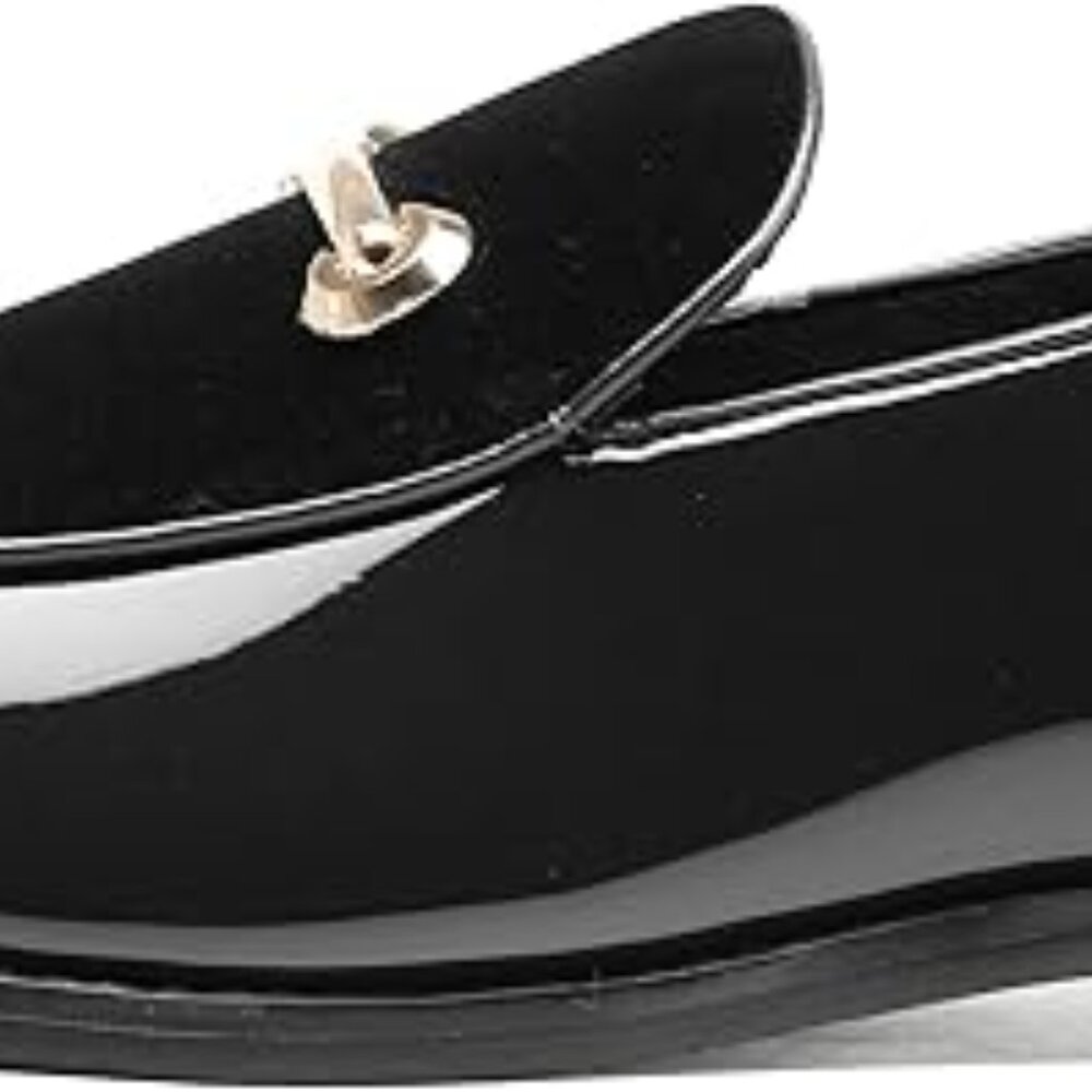 Santimon Men's US 9, 10 Black Casual Smoking Loafers Suede Patent Leather Shoes - Picture 2 of 10